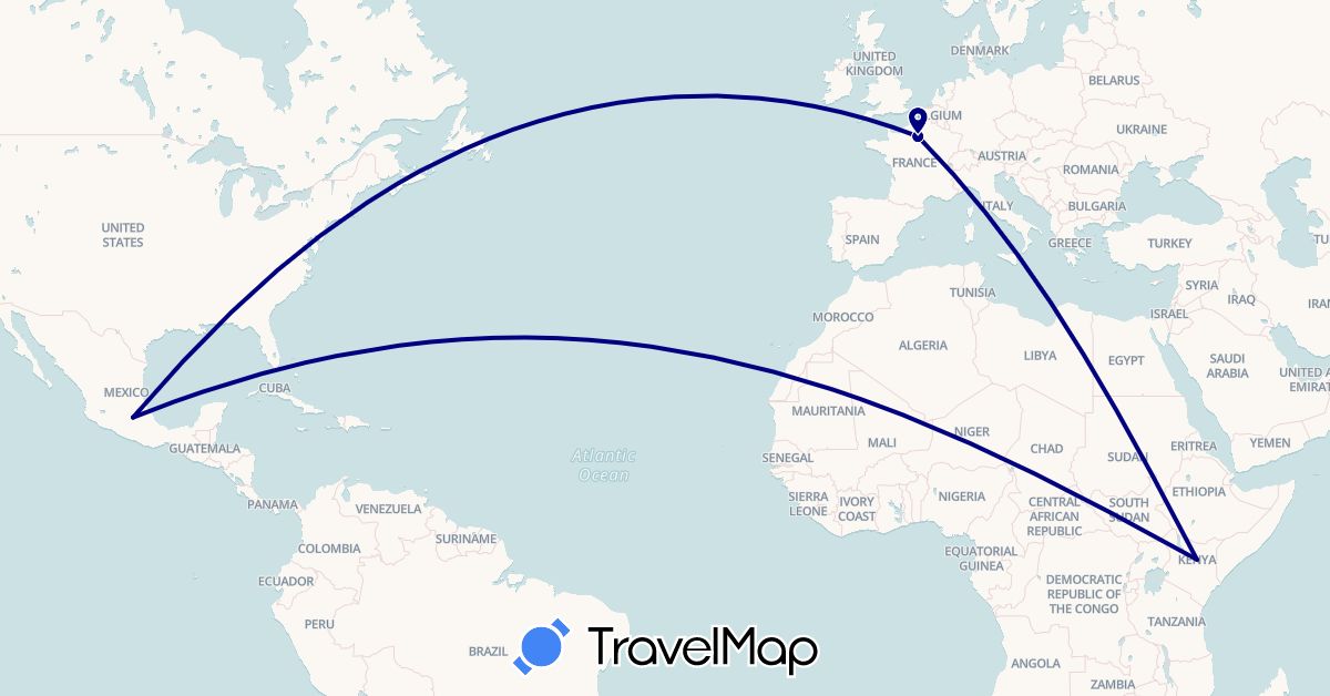 TravelMap itinerary: driving in France, Kenya, Mexico (Africa, Europe, North America)
